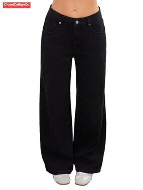High Rise Straight Leg Adjustable Waist Jeans Snap Button Denim Pants